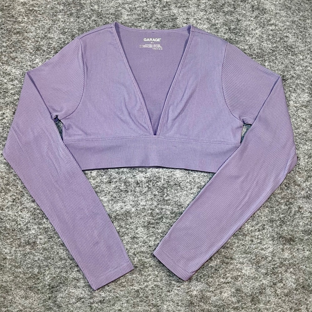 Garage Ribbed V-Neck Crop Top Womens L Purple Long Sleeve Athleisure Yoga Y2K